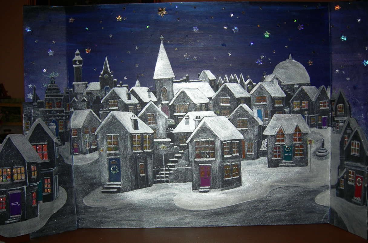 3D WINTER VILLAGE IN CARDBOARD AND MIXED MEDIA, PAINTED DECORATED BY HAND - 2 ft 4 inches x 1 ft
